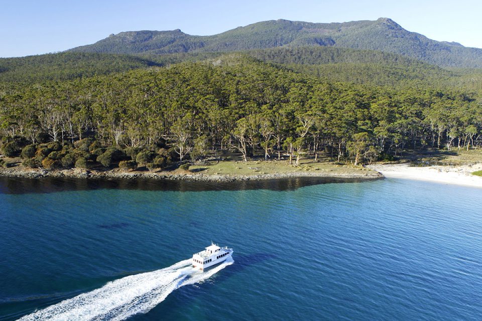 Travel by boat through Mercury Passage to Maria Island in Tasmania.